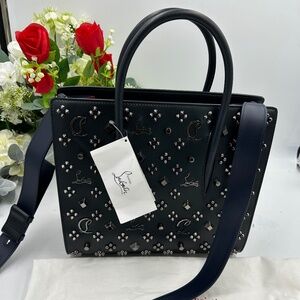 Women’s Christian Louboutin, studded monogram, leather tote with shoulder strap